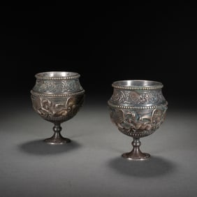 PAIR SILVER MYTHICAL BEAST CUPS