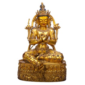 A FINE AND RARE HARDSTONES INLAID BRONZE-GILT MANJUSRI