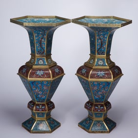 PAIR CLOISONNE ENAMEL BEAKER VASES GU