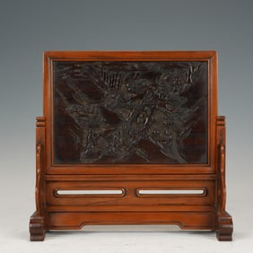 A CARVED ROSEWOOD ZITAN INLAI WOODEN TABLE SCREEN