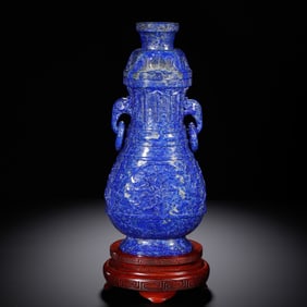 A CARVED LAPIS VASE WITH COVER