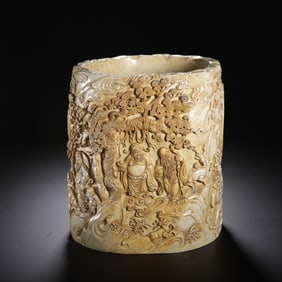 A FINE CARVED SOAPSTONE IMMORTALS STORY BRUSHPOT