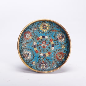 A CLOISONNE ENAMEL LOTUS SCROLLS PLATE