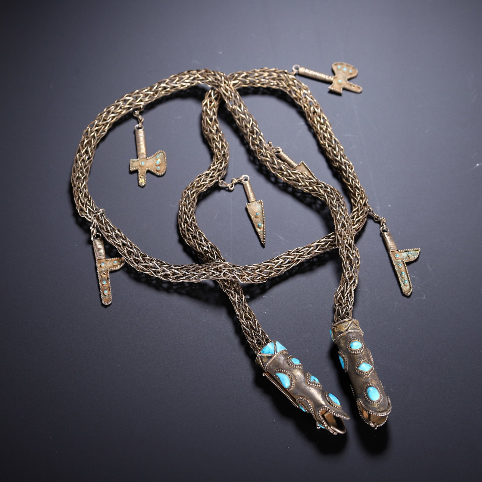 A HARDSTONES INLAID SILVER BELT CHAIN (1 of 10)