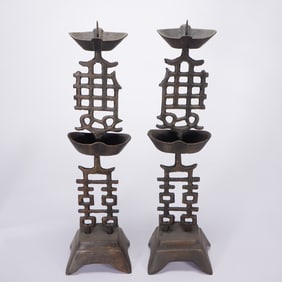 PAIR BRONZE HAPPINESS CANDLESTICKS