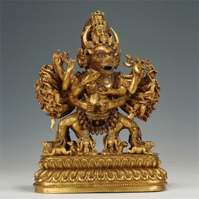A SINO-TIBETAN BRONZE GILT YAMANTAKA