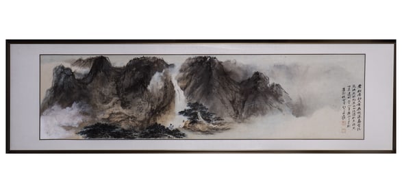 A CHINESE PAINTING OF SCHOLAR UNDER WATERFALL SIGNED ZHANG DAQIAN