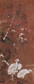 A CHINESE PAINTING OF EGRETS SIGNED LVJI