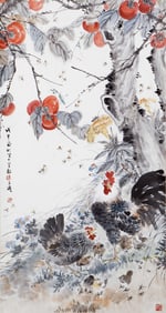 A CHINESE PAINTING OF ROOSTERS WITH PERSIMMON SIGNED WANG XUETAO