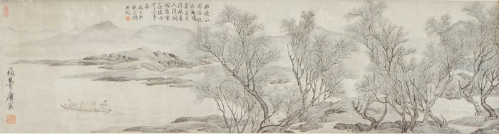 A CHINESE PAINTING OF BOATING ALONG RIVER SIGNED TANGYIN