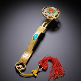 A HARDSTONES INLAID BRONZE-GILT RUYI SCEPTER