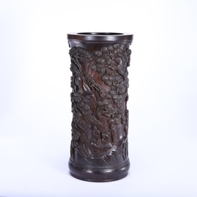 A CARVED BAM BOO FIGURAL STORY BRUSHPOT