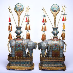 PAIR MAGNIFICANT CLOISONNE ENAMEL ELEPHANTS SPILL VASES