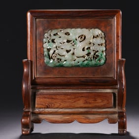 A CARVED JADEITE INLAID WOODEN TABLE SCREEN