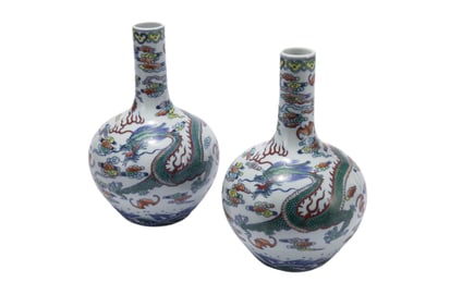PAIR DOUCAI GLAZE DRAGON GLOBULAR VASES