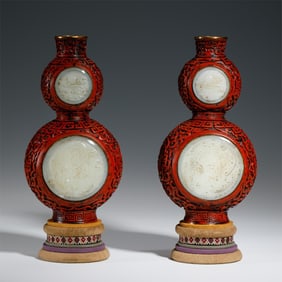 PAIR CARVED WHITE JADE PLAQUES INLAID CARVED CINNABAR LACQUER VASES