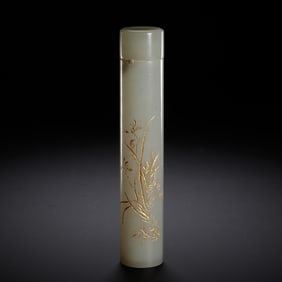 A CARVED WHITE JADE ORCHID INCENSE HOLDER WITH COVER