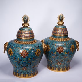 PAIR CLOISONNE ENAMEL ALTER VESSEL WITH COVER