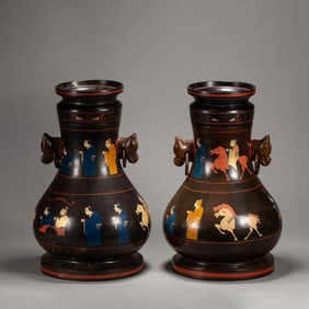 PAIR POLYCHROME PAINTED LACQUER VESSELS ZUN