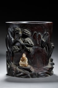 A CARVED WHITE JADE INLAID ROSEWOOD ZITAN BRUSHPOT