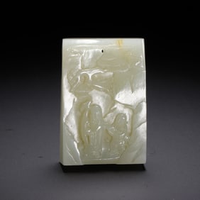 A CARVED WHITE JADE FIGURAL STORY PLAQUE