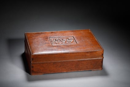 A CARVED HUANGHUALI WOODEN LITERATI BOX WITH COVER