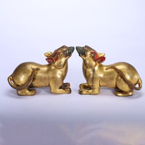 PAIR TIBETAN BRONZE-GILT TREASURE MONGOOSE