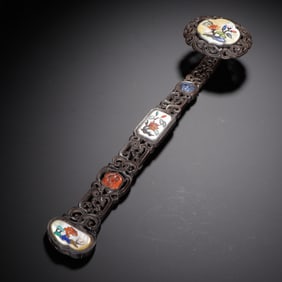 A FINE HARDSTONES INLAID ROSEWOOD ZITAN RUYI SCEPTER