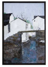 A CHINESE OIL PAINTING OF WATER VILLAGE SIGNED WU GUANZHONG