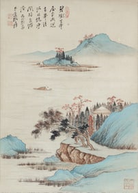 A CHINESE PAINTING OF HUT IN WOOD SIGNED ZHANG DAQIAN