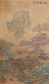 A CHINESE PAINTING OF OVERLOOKING PAVILION SIGNED ZHAO MENGFU