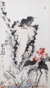 A CHINESE PAINTING OF BIRDS ON ROCK SIGNED PAN TIANSHOU