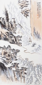 A CHINESE PAINTING OF BOATING ALONG RIVER SIGNED LU YANSHAO