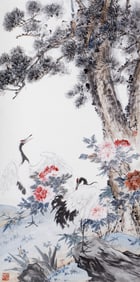 A CHINESE PAINTING OF CRANES AND PEONY
