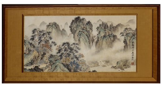 A CHINESE PAINTING OF OVERLOOKING LANDSCAPE SIGNED JINCHENG