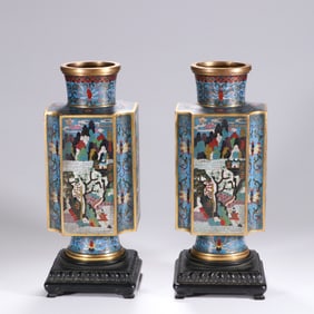PAIR CLOISONNE ENAMEL SQUARED VASES