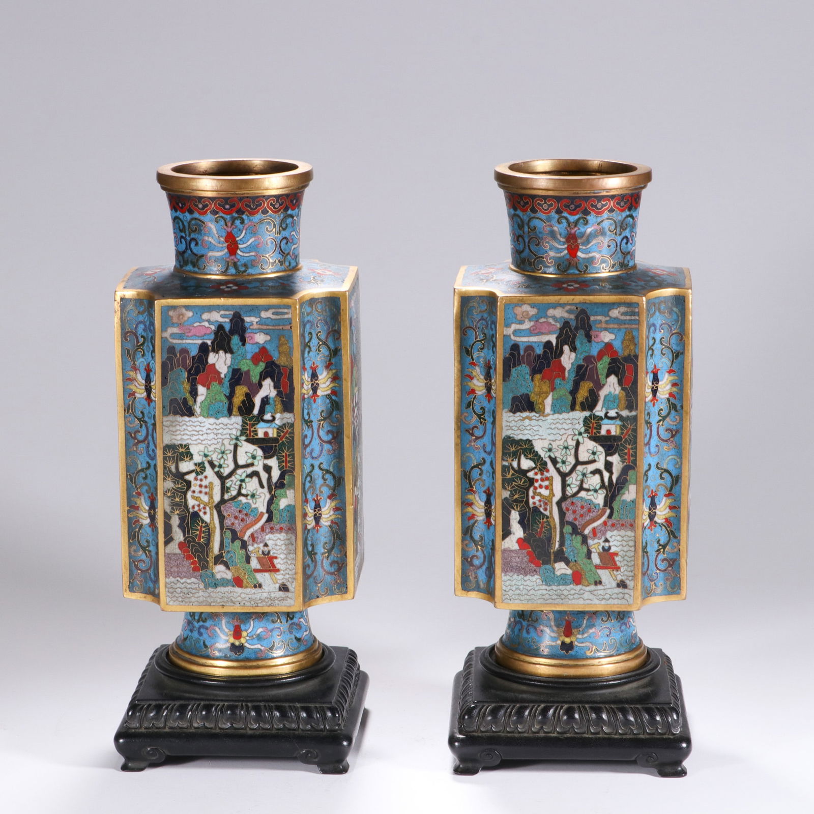 PAIR CLOISONNE ENAMEL SQUARED VASES (1 of 9)