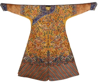 A MAGNIFICENT IMPERIAL YELLOW EMBROIDERED 'TWELVE-SYMBOL DRAGON' ROBE, JIFU