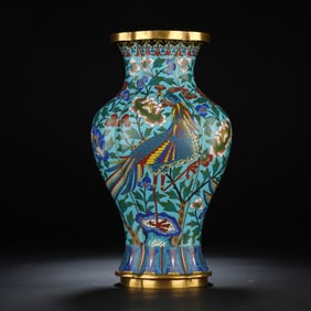 A CLOISONNE ENAMEL PEACOCK BALUSTER VASE