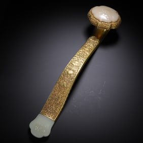 A FINE CARVED WHITE JADE INLAID BRONZE-GILT RUYI SCEPTER