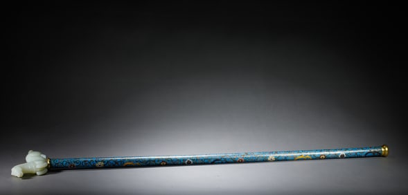 A CARVED WHITE JADE HORSE DECORATED CLOISONNE ENAMEL WALKING STCIK