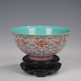 A FAMILLE ROSE BATS AND LOTUS BOWL