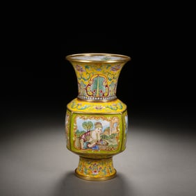 A PAINTED ENAMEL FIGURAL STORY VASE