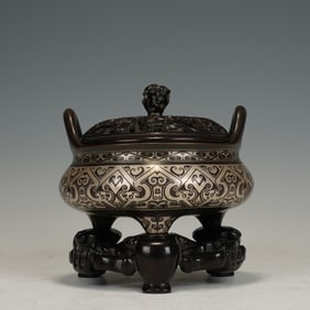 A FINE SILVER INLAID BRONZE TRIPOD CENSER