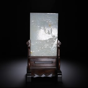 A CARVED WHITE JADE INLAID WOODEN TABLE SCREEN