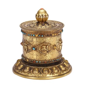 A HARDSTONES INLAID BRONZE-GILT VESSEL WITH COVER