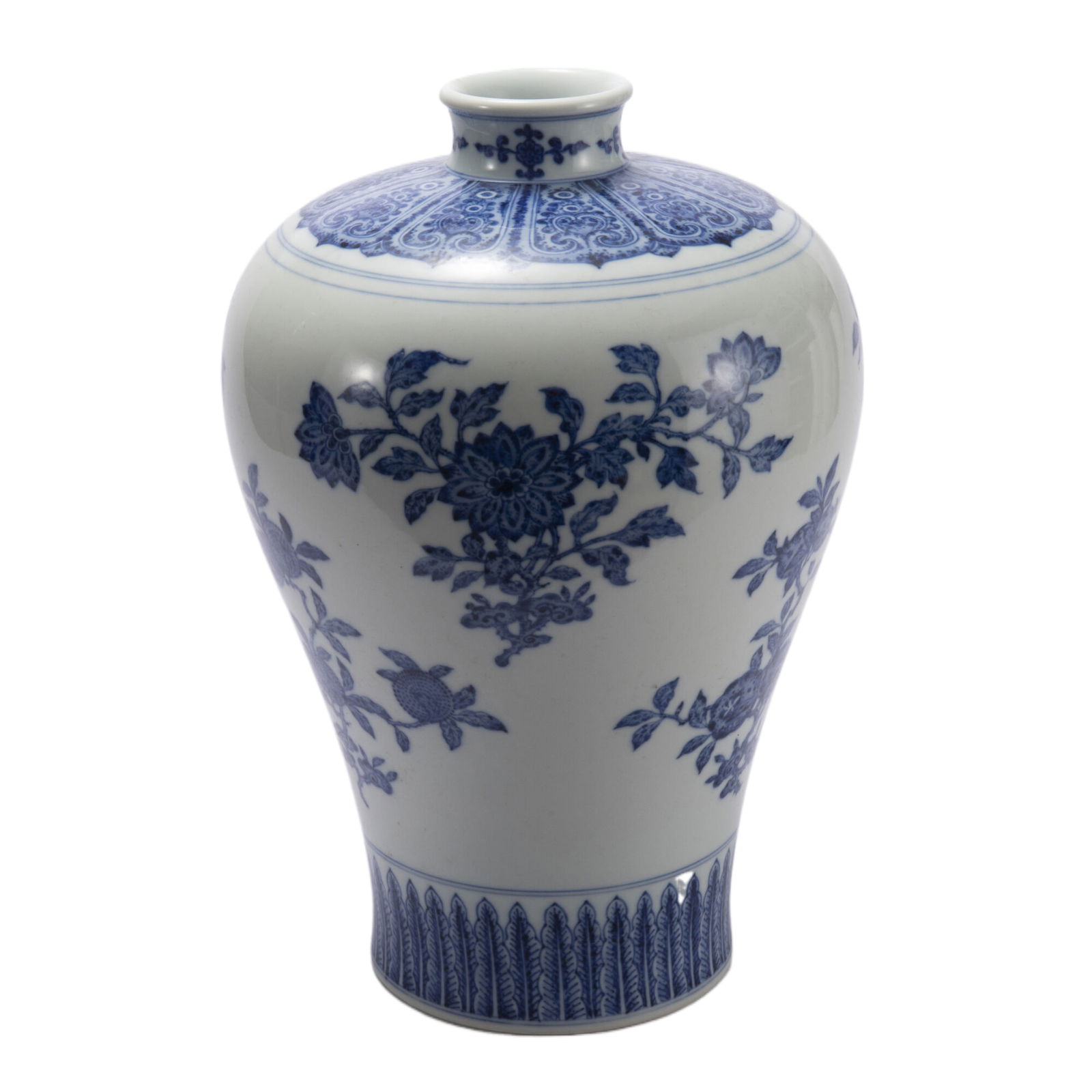 A CHINESE BLUE AND WHITE PORCELAIN VASE MEIPING: A CHINESE BLUE AND WHITE PORCELAIN VASE MEIPING Rising from a slightly splayed foot to a high-shoulder body blow a short, waisted neck, painted in floral sprays all between lotus and stiff lappet band