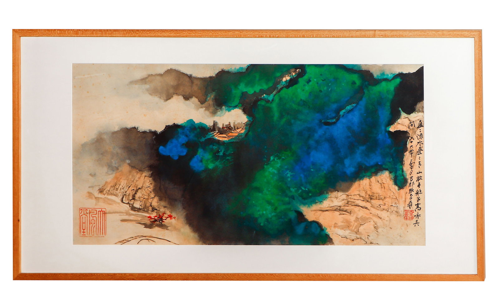 A CHINESE PAINTING OF BLUE AND GREEN SPLASHED LANDSCAPE SIGNED ZHANG DAQIAN: A CHINESE PAINTING OF BLUE AND GREEN SPLASHED LANDSCAPE SIGNED ZHANG DAQIAN Painting depicting blue and green splashed landscape, panel, mounted, ink and color on paper, inscribed and signed Zhang Daq