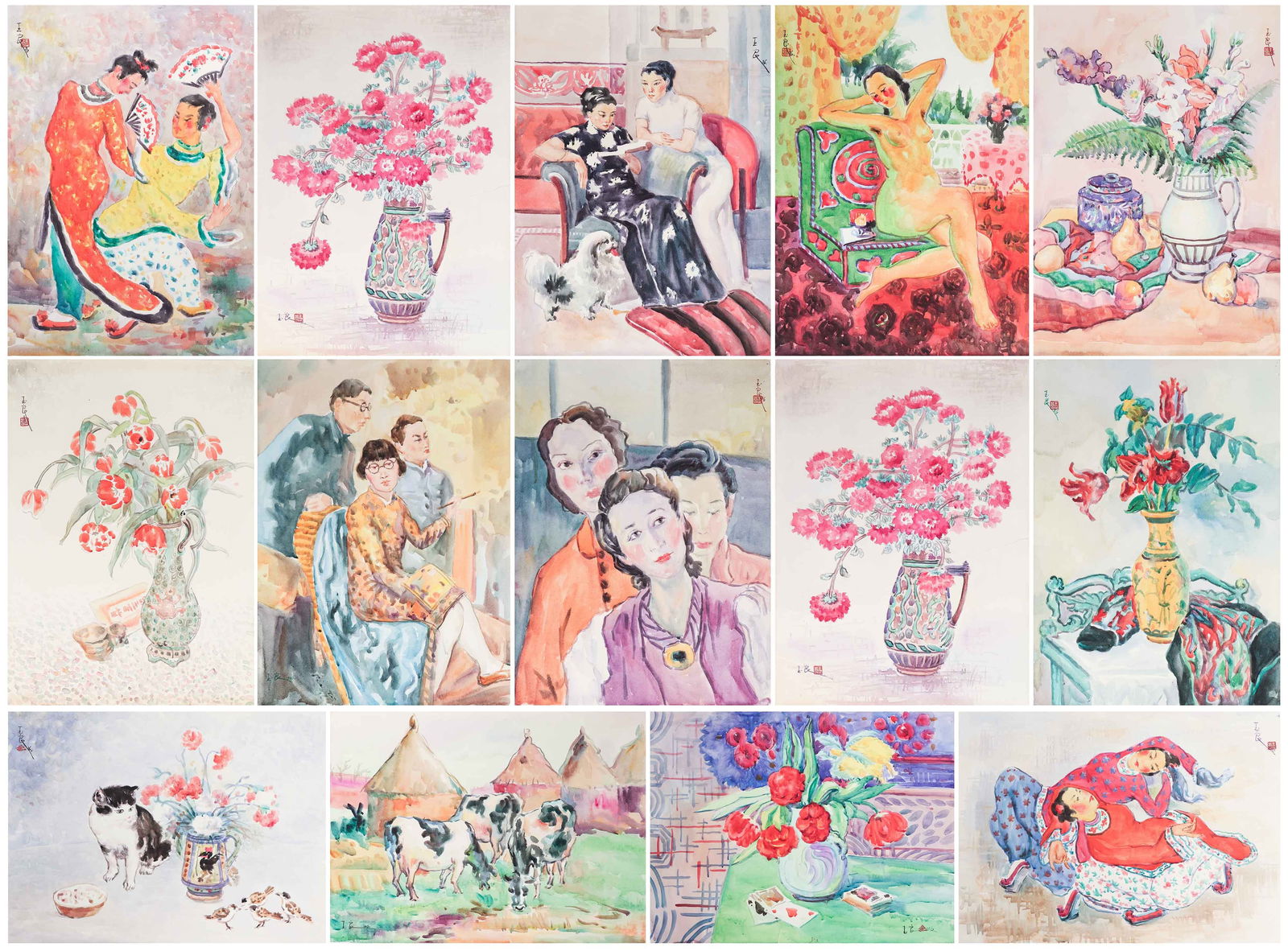 A CHINESE PAINTINGS COLLECTION OF PORTRAIT AND STILL LIFE SIGNED QI BAISHI: A CHINESE PAINTINGS COLLECTION OF PORTRAIT AND STILL LIFE SIGNED QI BAISHI Paintings depicting portrait and still life, leaves, mounted, ink and color on paper, inscribed and signed PanYuliang, with s