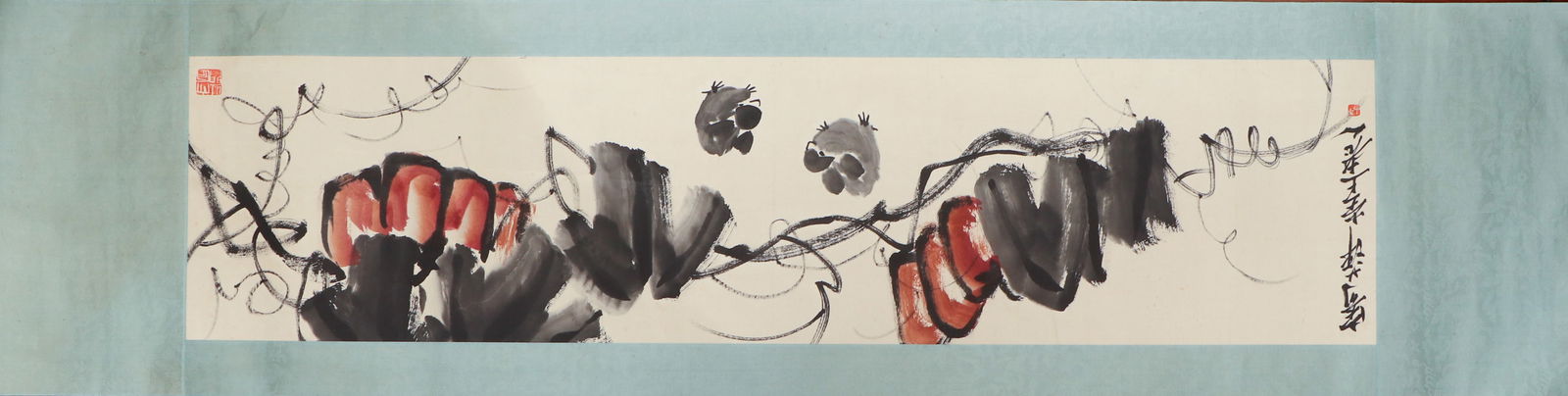 A CHINESE PAINTING OF MELLONS SIGNED QI BAISHI: A CHINESE PAINTING OF MELLONS SIGNED QI BAISHI Painting depicting Mellons, hand scroll, ink and color on paper, inscribed and signed Qi Baishi, with seals of artist. Dimension: Image only size 136 cm